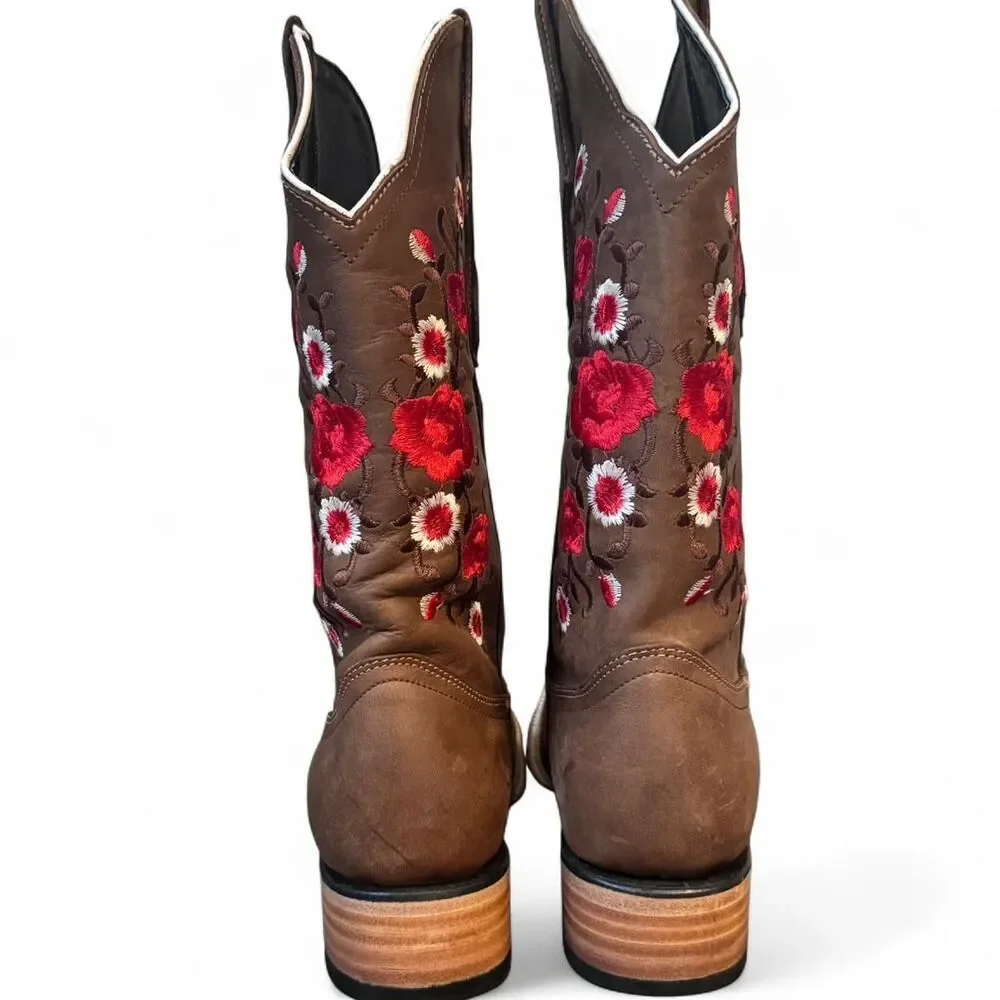 White Diamond Women’s Western Boots 7.5 Brown Leather Embroidered Square Toe